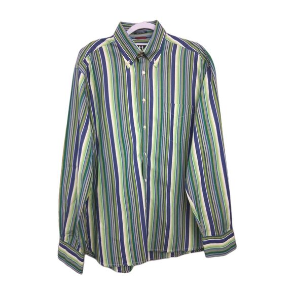 Tommy Hilfiger 90s Shirt 100s 2 Ply Cotton XL Green Blue Stripes Button Down 80s - Picture 1 of 10